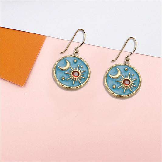Vintage Sun Moon Drop Earrings Lightweight Gold Blue